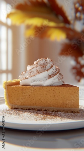 Slice of pumpkin pie with whipped cream and cinnamon on a plate photo