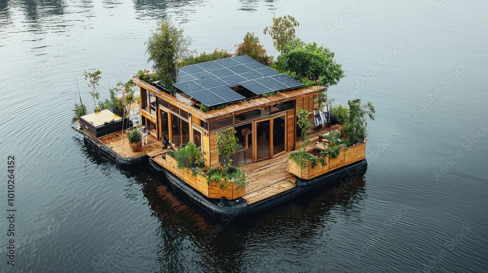 A green business meeting held on a floating island powered by renewable energy A green business meeting held on a floating island powered by renewable energy