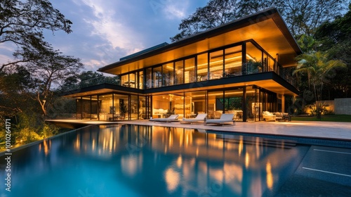 Contemporary villa with luxury swimming pool at twilight, clear glass windows display chic interiors, surrounded by warm garden lights