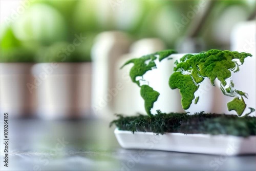 Green world map made of moss on a white ceramic plate, symbolizing eco-friendly and sustainable living in a modern indoor environment.