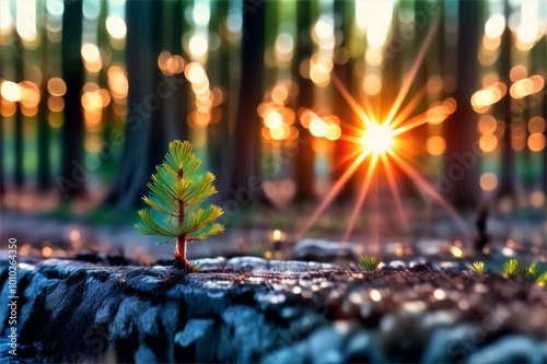 A small pine tree sapling growing on a charred log in a forest, illuminated by the warm glow of the setting sun.