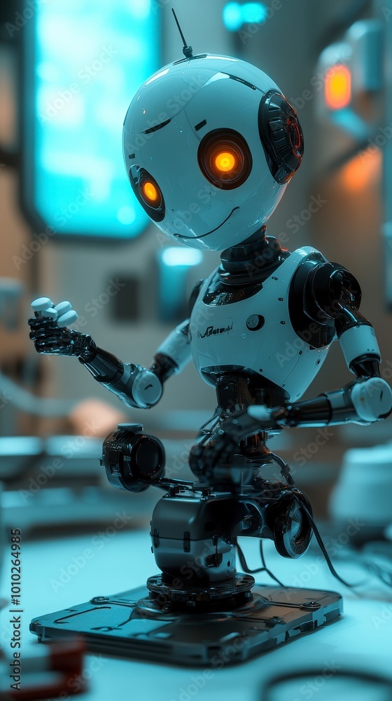 Fototapeta premium Futuristic robot with glowing eyes in a high-tech laboratory setting