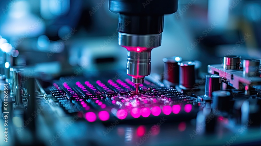 Close-up of an Automated Manufacturing Machine Operating on a Circuit Board Close-up of an Automated Manufacturing Machine Operating on a Circuit Board
