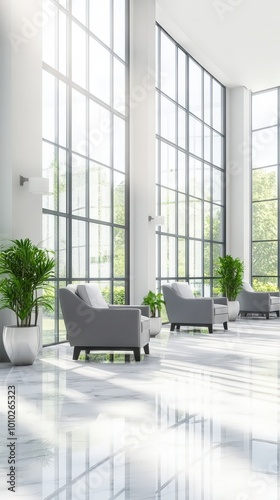 Modern office lobby with high windows and natural light abundant