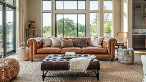 Living room with a retro flair, featuring a leather sofa, beige walls, and large windows. Warm natural light and vintage-style furnishings create a classic look.