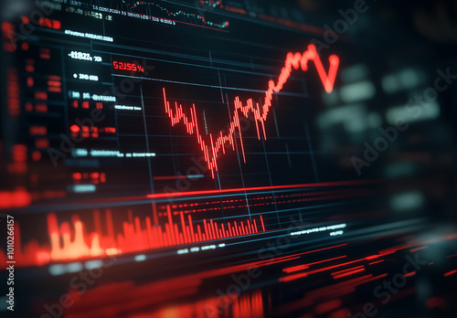 Photo of a red stock market graph with glowing arrows showing trading fluctuation