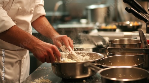 Hands of a Professional Chef Preparing Dough in a Commercial Kitchen