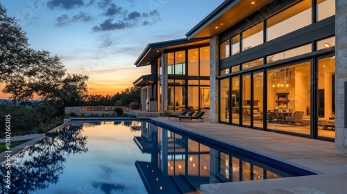 Luxury home with a sleek private pool at twilight, illuminated windows showcase elegant living spaces. Contemporary architecture with spacious, clear glass windows.