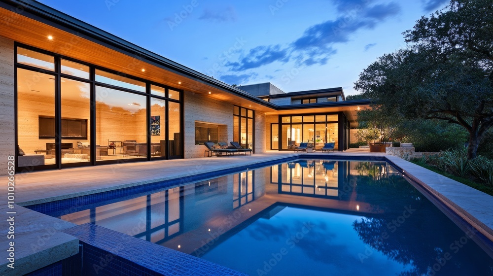 Luxury home with a sleek private pool at twilight, illuminated windows showcase elegant living spaces. Contemporary architecture with spacious, clear glass windows. Luxury home with a sleek private pool at twilight, illuminated windows showcase elegant living spaces. Contemporary architecture with spacious, clear glass windows.