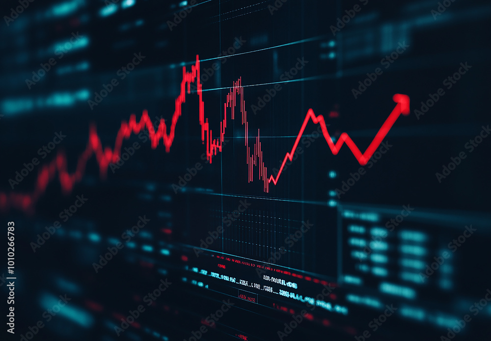 Photo of a red stock market graph with glowing arrows showing trading fluctuation