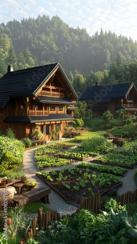 Picturesque wooden cabins surrounded by lush vegetable gardens and forested hills