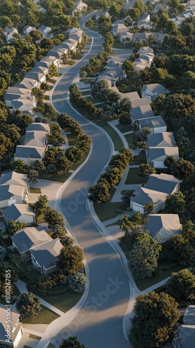 Aerial view of suburban neighborhood with winding streets and tree-lined roads photo