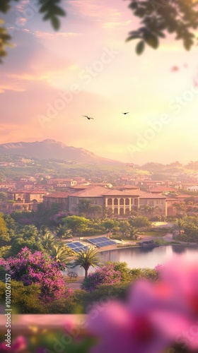 Serene mediterranean landscape under a warm, glowing sunset sky