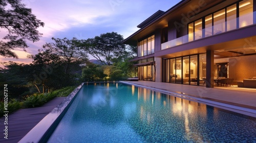 Luxury residence with an elegant swimming pool at dusk, clear windows reveal warmly lit interiors. Modern architectural design and serene poolside vibe.