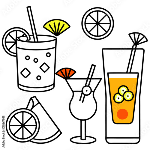 cocktails with citrus fruits outline coloring book page line art drawing