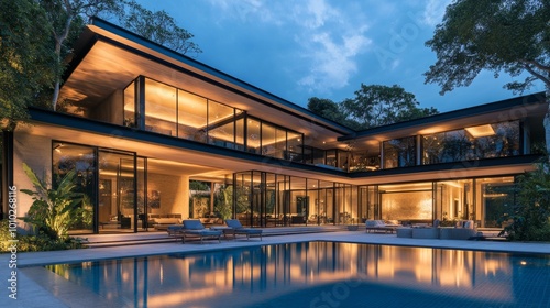 Modern luxurious house with pool at twilight, exterior lights illuminate surroundings, large transparent windows displaying elegant, cozy interior decor.