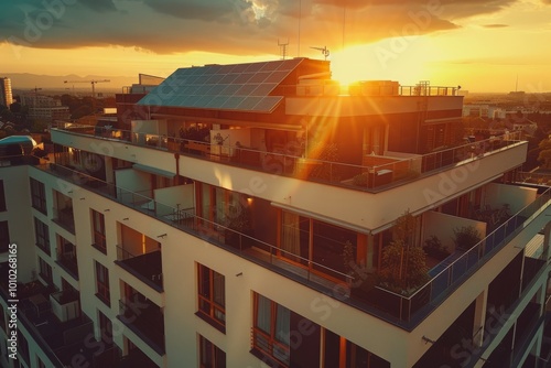 Modern eco-friendly passive house with solar panels on the rooftop. Home solar panel. Solar panels on the roof of a modern apartment building in city warm Sunset Light. MZ  photo