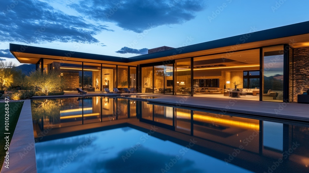 Modern luxury home exterior at dusk with illuminated swimming pool, clear windows offering a view into the elegant, cozy interiors. Reflections on water. Modern luxury home exterior at dusk with illuminated swimming pool, clear windows offering a view into the elegant, cozy interiors. Reflections on water.