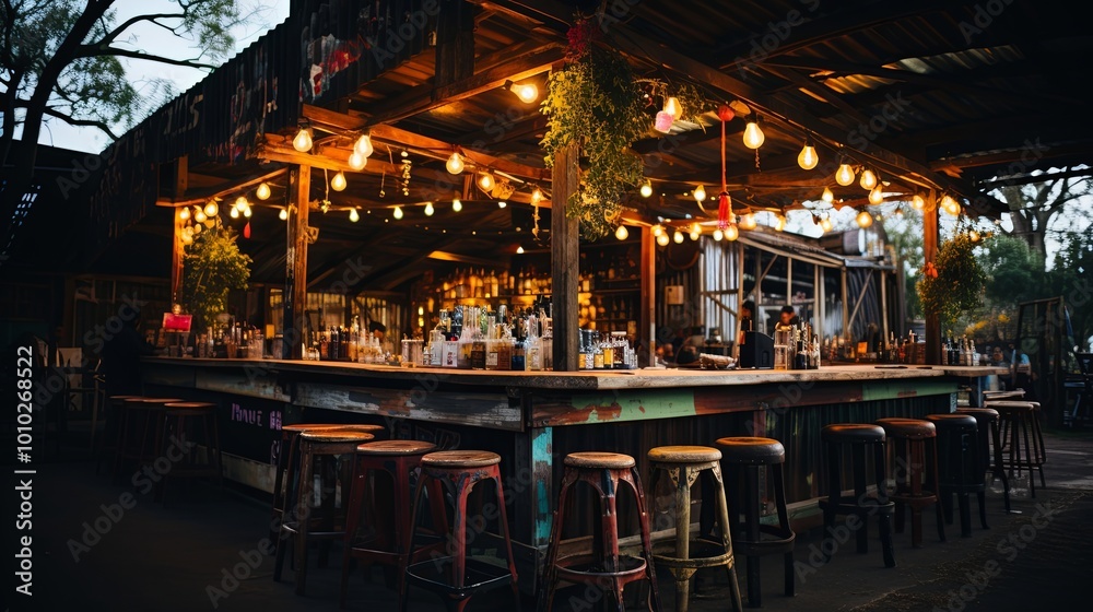 Fototapeta premium Rustic Bar Under Twinkling Lights, with a Wooden Countertop and Stools, Inviting Patrons to Enjoy the Ambiance
