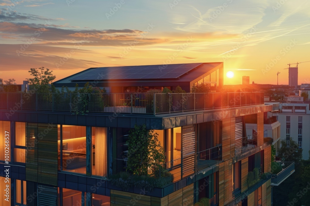 Modern eco-friendly passive house with solar panels on the rooftop. Home solar panel. Solar panels on the roof of a modern apartment building in city warm Sunset Light. MZ Modern eco-friendly passive house with solar panels on the rooftop. Home solar panel. Solar panels on the roof of a modern apartment building in city warm Sunset Light. MZ
