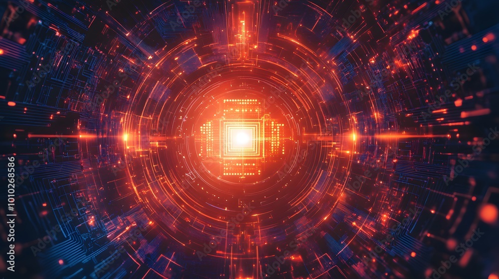 Abstract Digital Tunnel with Glowing Circuitry and a Central Processor