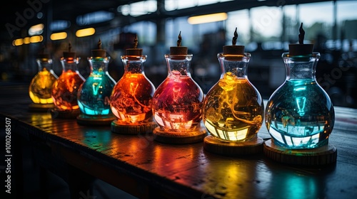 A Row of Glowing Glass Vessels Filled with Vibrant Liquids on a Rustic Wooden Surface