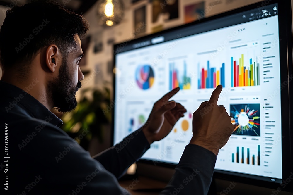 Businessman analyzing data on a large monitor, working on a project or strategy Businessman analyzing data on a large monitor, working on a project or strategy