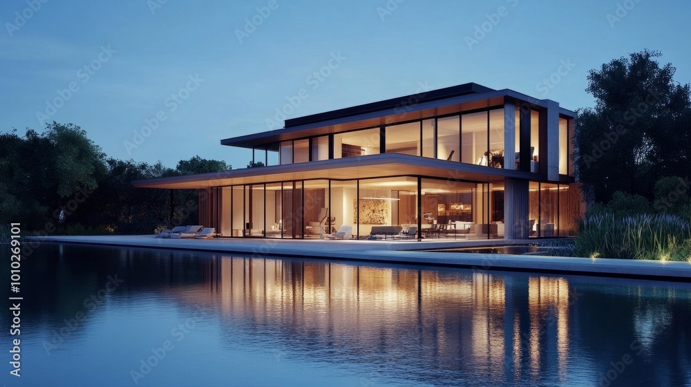 Modern luxury house with private swimming pool at dusk, lights glowing inside, reflecting off the water. Large clear windows reveal stylish interiors. Modern luxury house with private swimming pool at dusk, lights glowing inside, reflecting off the water. Large clear windows reveal stylish interiors.
