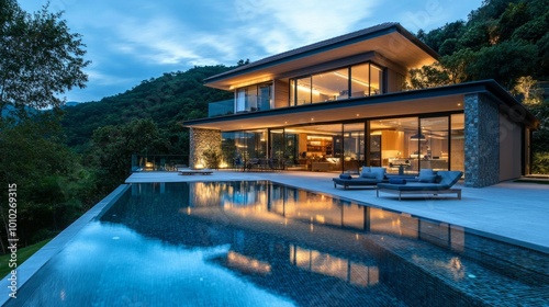 Modern luxury house with private swimming pool at dusk  lights glowing inside  reflecting off the water. Large clear windows reveal stylish interiors.