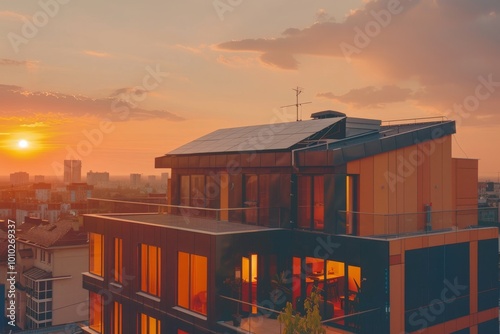 Modern eco-friendly passive house with solar panels on the rooftop. Home solar panel. Solar panels on the roof of a modern apartment building in city warm Sunset Light. MZ  photo