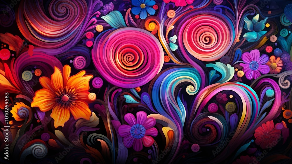 Fototapeta premium A Vibrant Tapestry of Swirling Hues and Floral Delights, Intertwined in an Abstract Symphony of Color and Form