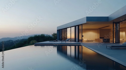 Modern poolside view of luxury villa at dusk, large windows reveal well-lit interiors. Sleek, stylish design, and calm pool reflecting the evening sky