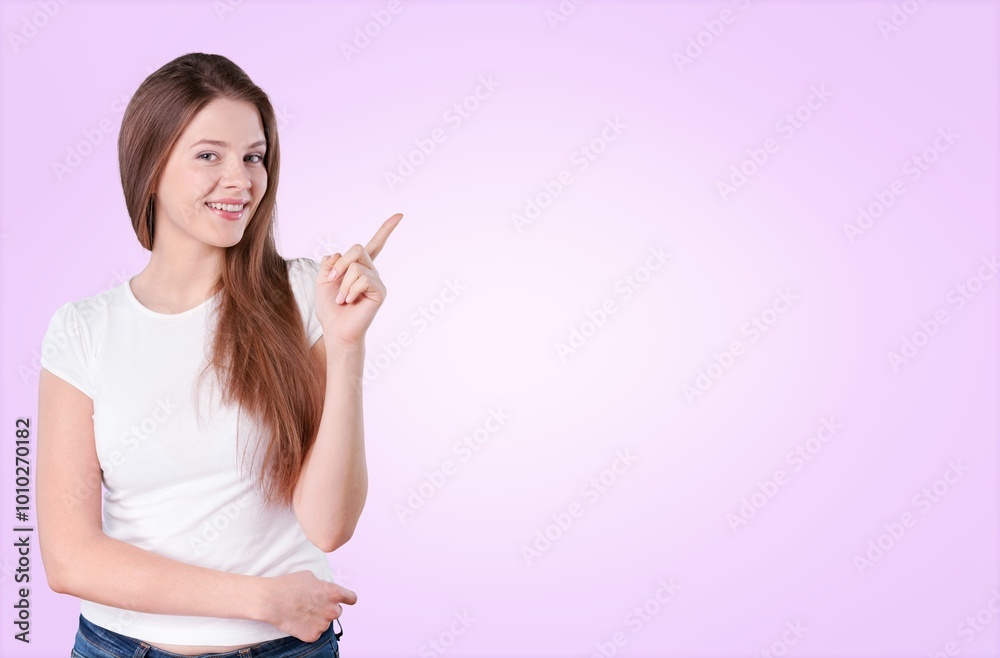 Beautiful young woman pointing finger Beautiful young woman pointing finger