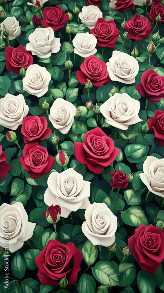 Assortment of red and white roses with green leaves in a garden Assortment of red and white roses with green leaves in a garden