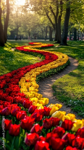 Beautiful garden path with red and yellow tulips under sunlight