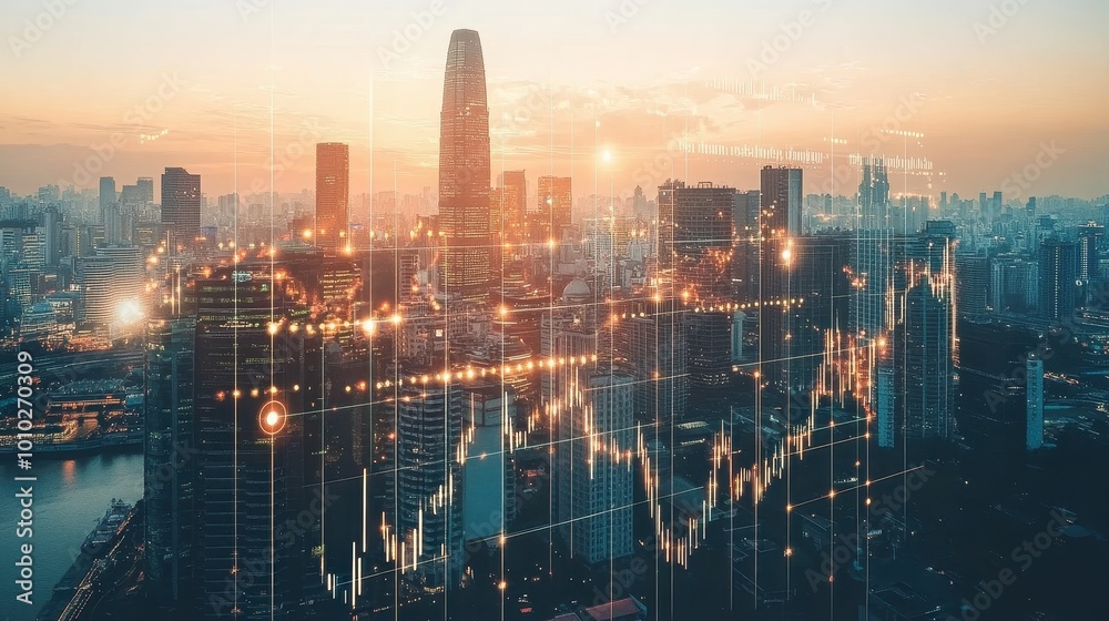 Fototapeta premium Vibrant Cityscape at Dusk: A Captivating Urban Landscape