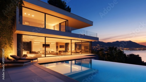 Modern villa with private pool at sunset  illuminated by warm interior lights shining through expansive clear windows. Calm evening atmosphere.