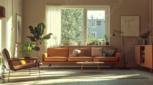 Retro living room with a leather couch  beige walls  and large windows. Soft natural lighting  mid-century decor  and a cozy atmosphere.