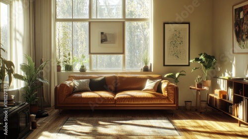 Retro-inspired living room with a leather couch, beige walls, and clear windows. Natural light fills the space, accentuating nostalgic furniture and decor. -