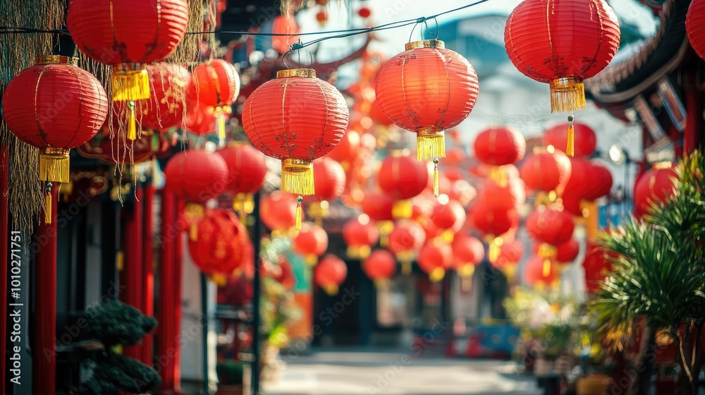 A vibrant street scene with red lanterns and decorations for Chinese New Year A vibrant street scene with red lanterns and decorations for Chinese New Year