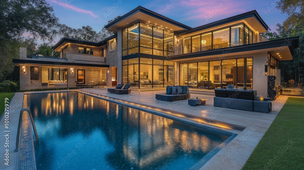 Obraz premium Sophisticated luxury villa at twilight with a pool, clear windows glowing from within. Open concept interiors visible through expansive glass.