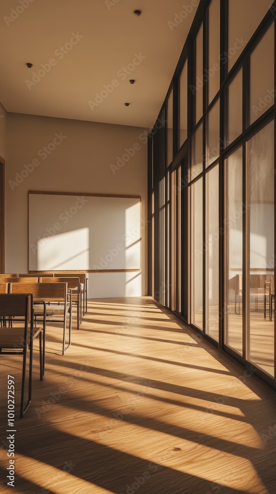 Empty classroom with wooden desks and sunlight streaming through windows Empty classroom with wooden desks and sunlight streaming through windows