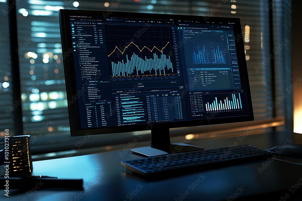 Data analysis, statistics, and graphs on computer screen in a dark office Data analysis, statistics, and graphs on computer screen in a dark office