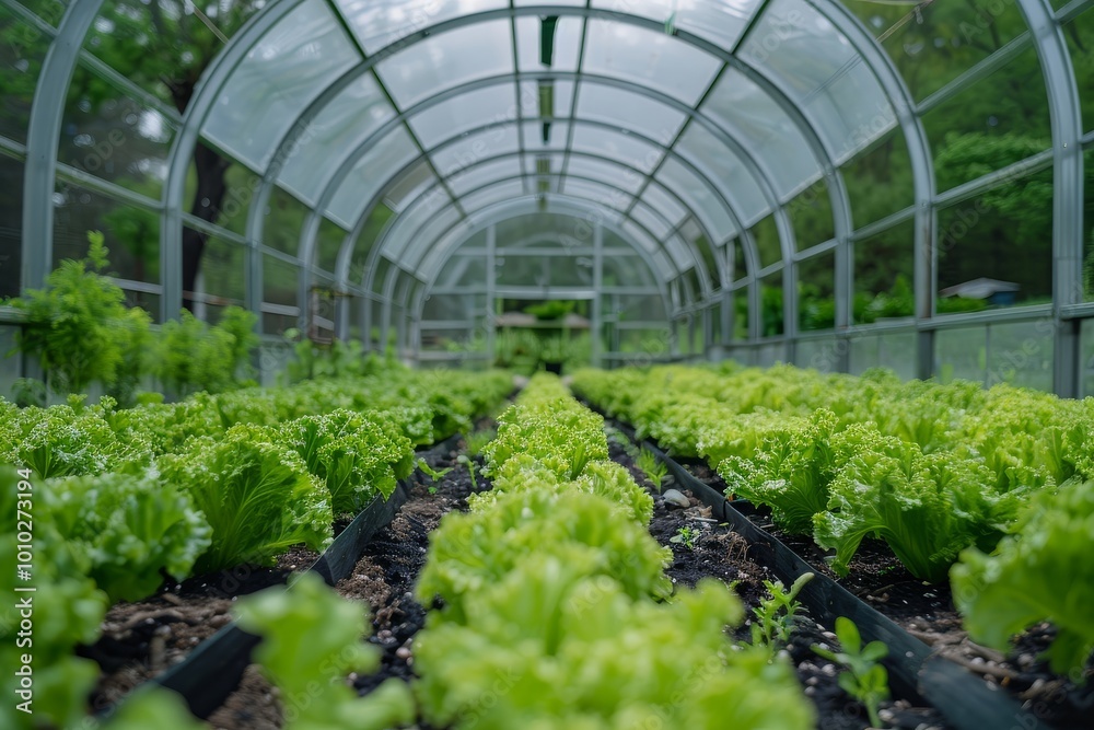 Greenhouse with rows of lettuce growing inside, surrounded by garden beds and greenery, featuring a metal frame and white plastic cover, with an open door leading to the farm field outside. Greenhouse with rows of lettuce growing inside, surrounded by garden beds and greenery, featuring a metal frame and white plastic cover, with an open door leading to the farm field outside.
