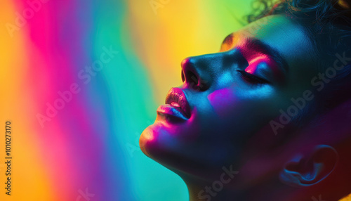 Profile of a young person bathed in vibrant colorful neon lights, creating a surreal and artistic effect with a focus on their serene expression and smooth skin.