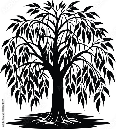 Willow tree silhouette vector art illustration design of natural beauty