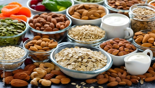 Nutrient-dense health food platter featuring grains, vegetables, dried fruits, almond yogurt, supplement powders, nuts, and seeds packed with protein and vitamins