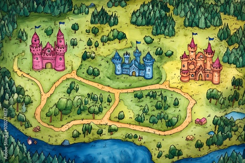 Hand drawn map with colorful castles, river, and forest. Kids game design for adventure, fantasy, or fairytale.