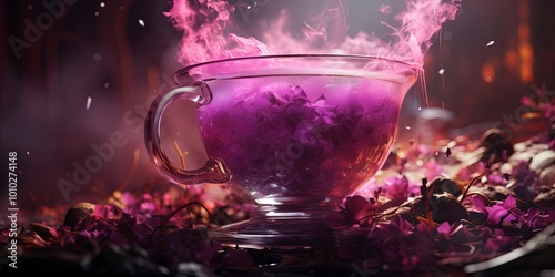 A glass pitcher filled with vibrant purple liquid, steaming and surrounded by delicate purple petals, evokes an enchanting, mystical atmosphere.