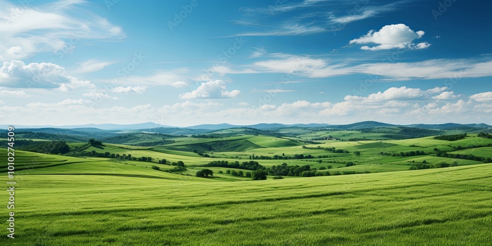 A sprawling meadow of verdant hues, gently rolling hills, and a canvas of fluffy clouds against a brilliant blue sky A sprawling meadow of verdant hues, gently rolling hills, and a canvas of fluffy clouds against a brilliant blue sky